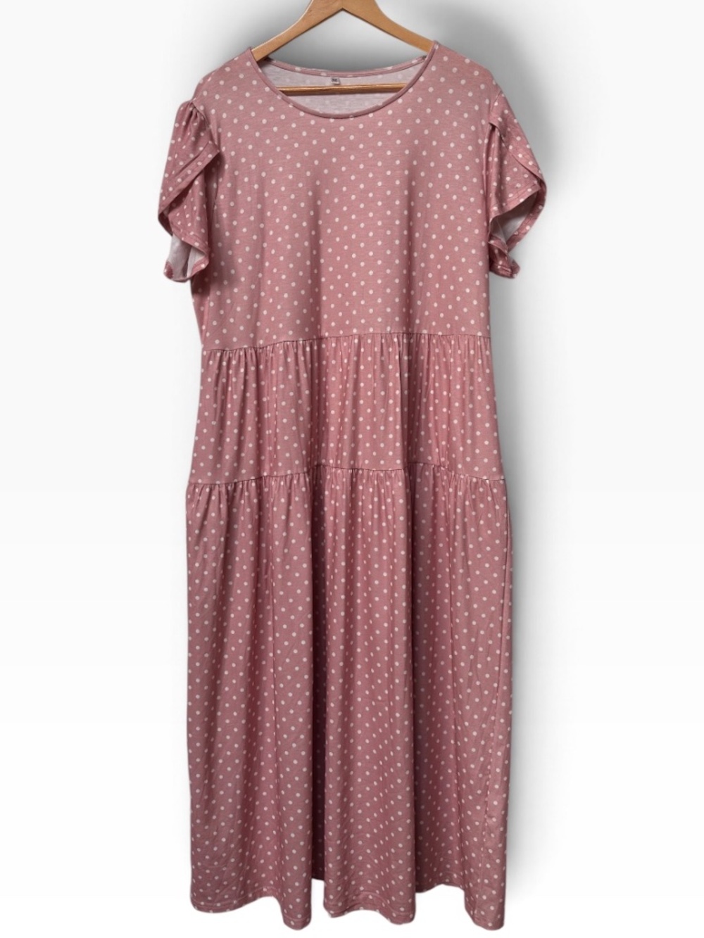 Dusty Mauve Pink Polka Dot Tiered Maxi Dress Flutter Sleeves | Size 2XL